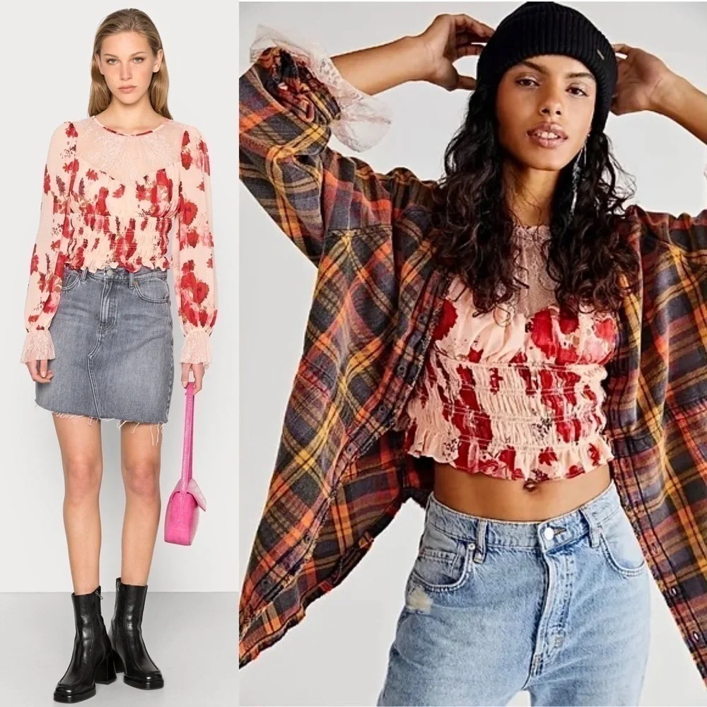 NWT FREE PEOPLE Floral Cropped Ruffle Long Sleeve Lace Smocked Regency Blouse XS